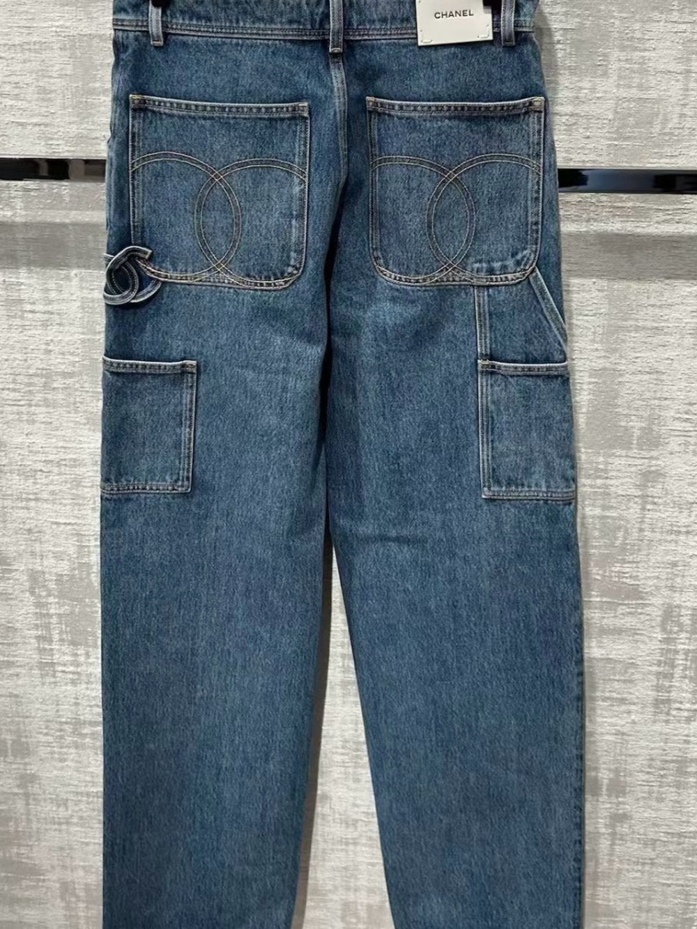 Chanel 26b Blazy Blue Denim large CC Logo Cargo Jeans Size 38